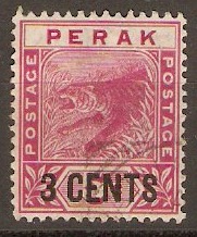 Perak 1895 3c on 5c Rose. SG65.